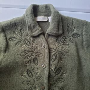 Fairy Goblin Cardigan Sweater Womens Small Green 100% Wool Floral Embroidered